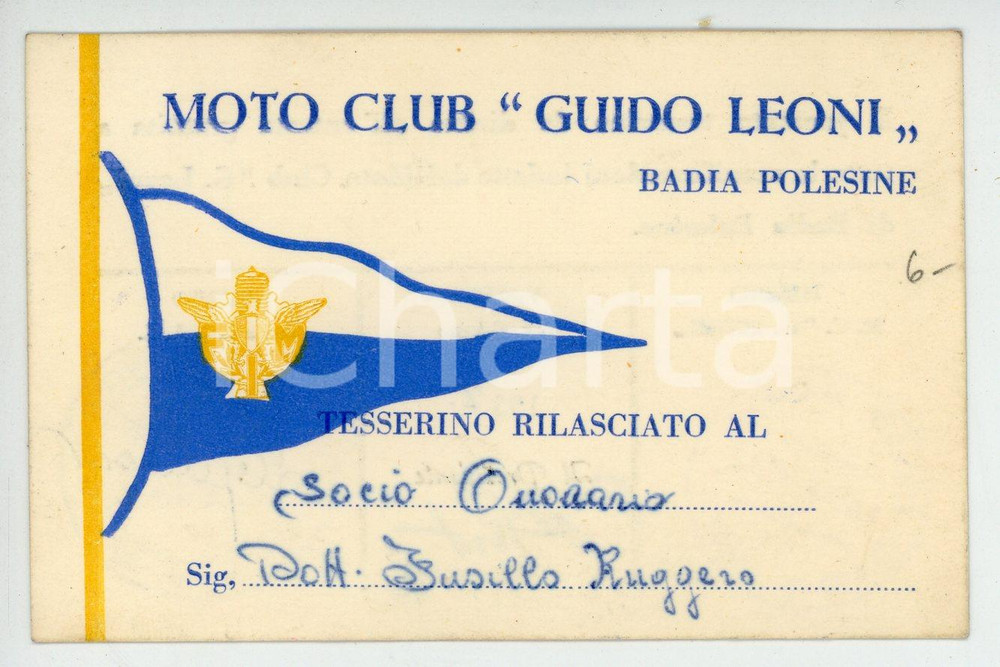 Oggetto da collezione cartaceo 1957 BADIA POLESINE Moto club Guido Leoni  Tessera socio onorario 1