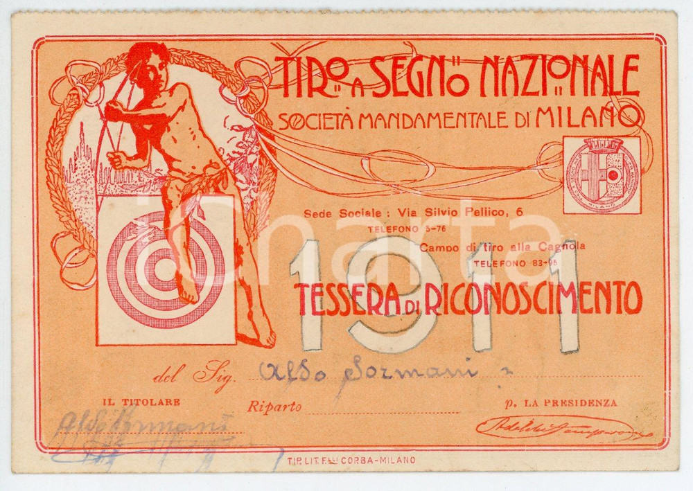 Oggetto da collezione cartaceo 1911 MILANO Tiro a segno nazionale  Tessera di Aldo SORMANI 11x7 cm 1