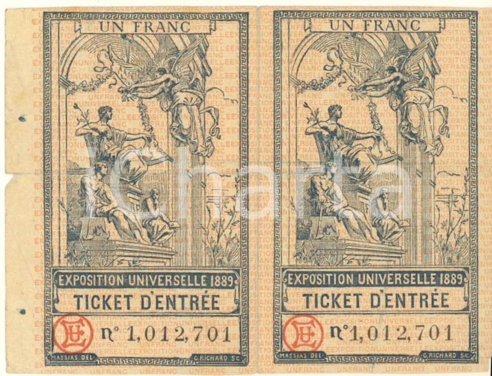 Oggetto da collezione cartaceo 1889 Exposition Universelle PARIS  Lot de 2 tickets d entrée un franc 1 1