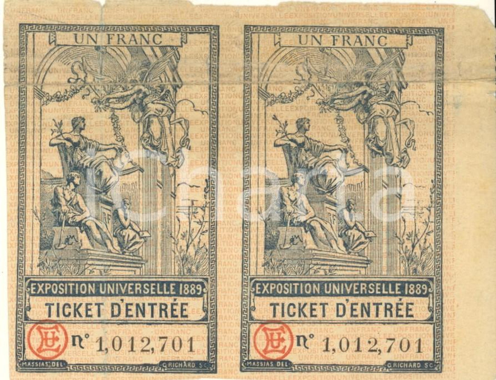 Oggetto da collezione cartaceo 1889 Exposition Universelle PARIS  Lot de 2 tickets d entrée un franc 2 1