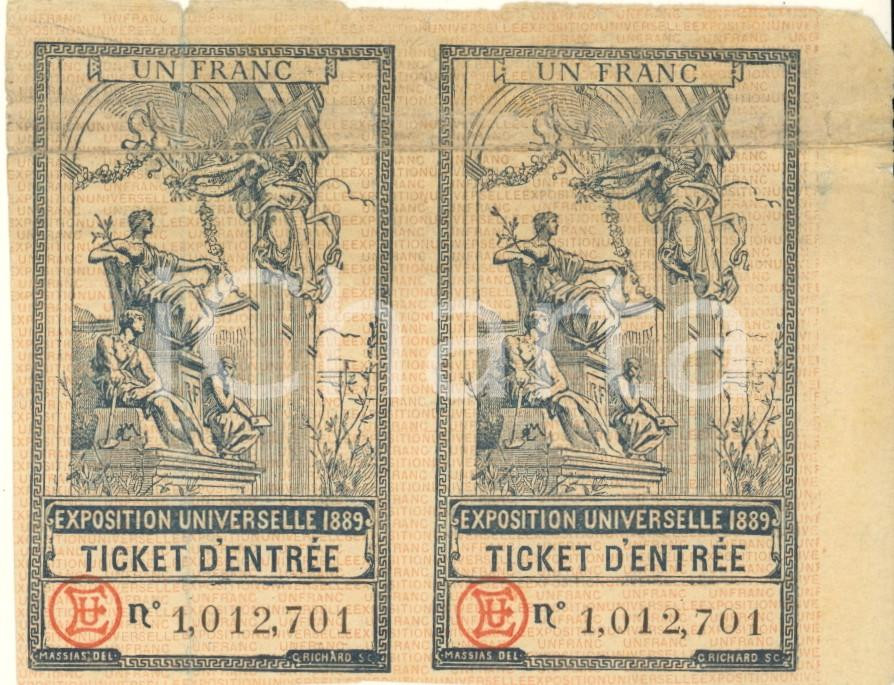 Oggetto da collezione cartaceo 1889 Exposition Universelle PARIS  Lot de 2 tickets d entrée un franc 2 1