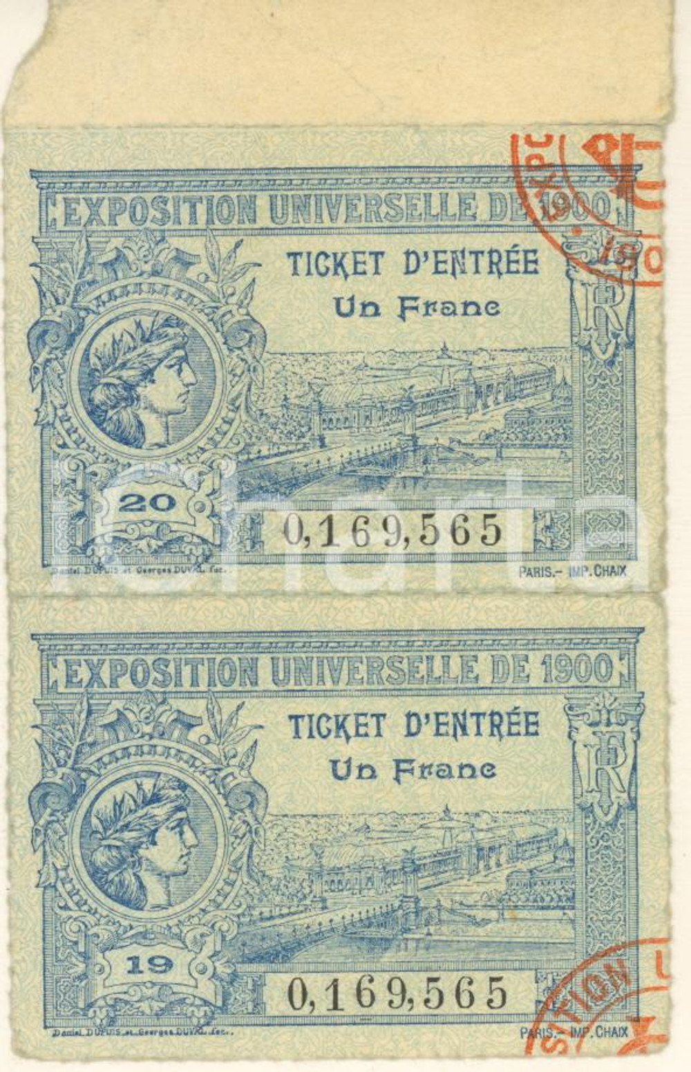 Oggetto da collezione cartaceo 1900 Exposition Universelle PARIS  Lot de 2 tickets d entrée un franc 2 1