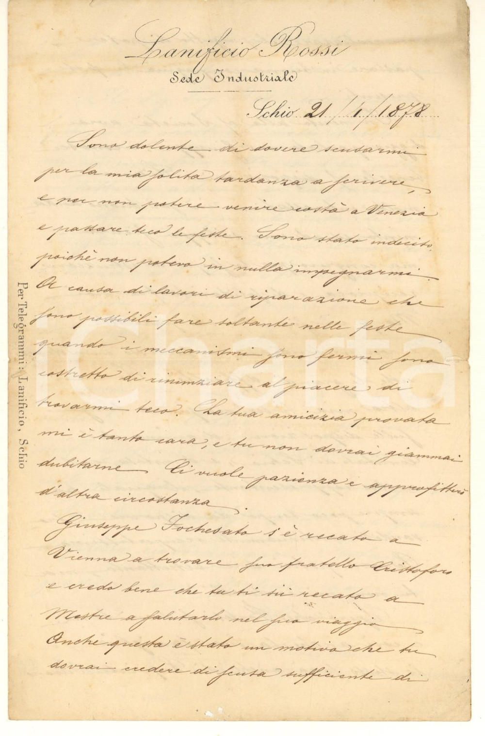 Manoscritto, lettera originale 1878 SCHIO VI Lanificio ROSSI Sede Industriale  Lettera Silvestro Marchetti 1