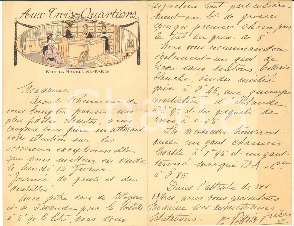 Materiale pubblicitario d’epoca 1910 ca PARIS bd de la Madeleine  Aux Trois Quartiers  Lettera pubblicitaria 1