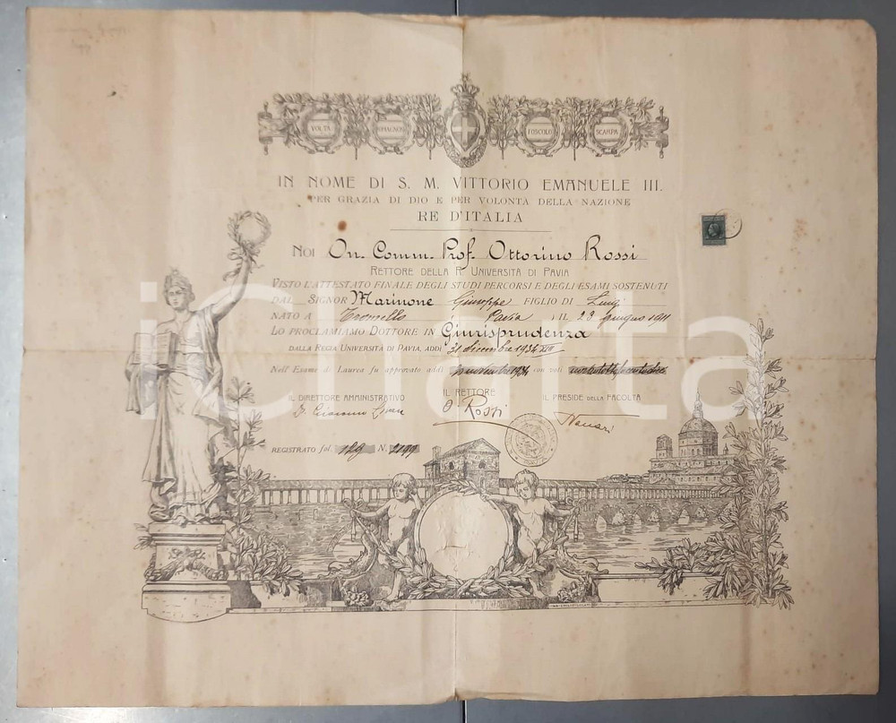 Oggetto da collezione cartaceo 1934 Università di PAVIA  Laurea in Giurisprudenza Giuseppe MARINONE AUTOGRAFI 1