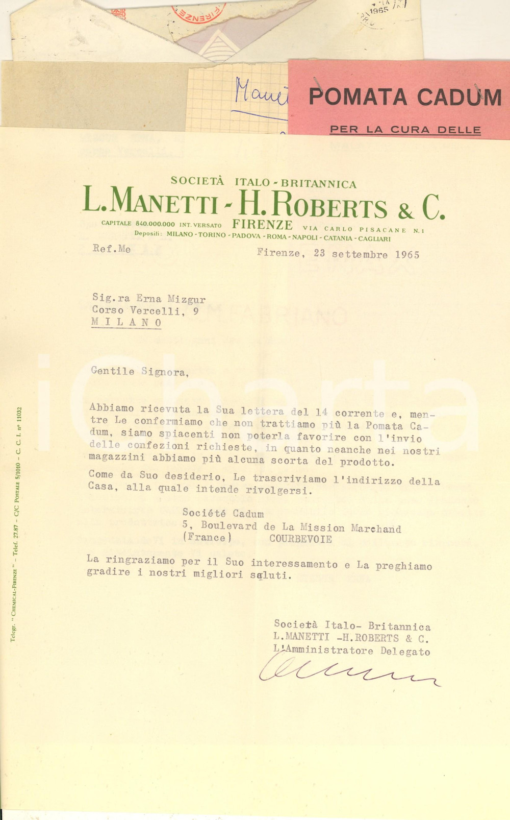 Manoscritto, lettera originale 1965 FIRENZE Società L. MANETTI  H. ROBERTS  Lettera per pomata CADUM 1