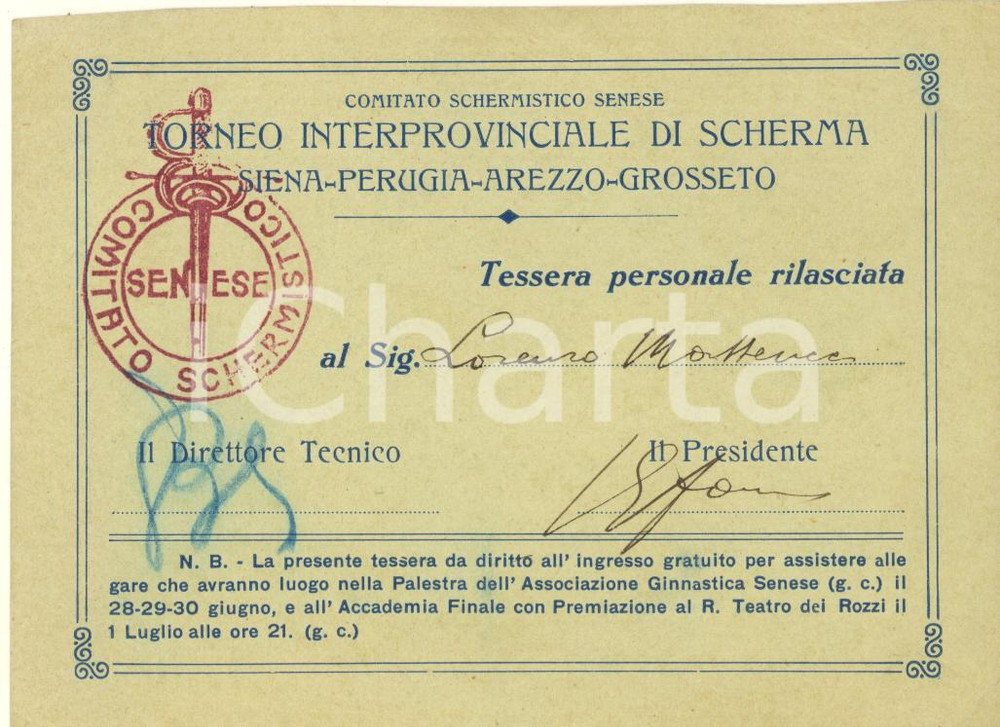 Oggetto da collezione cartaceo 1915 ca Comitato Schermistico Senese  Torneo interprovinciale scherma Tessera 1