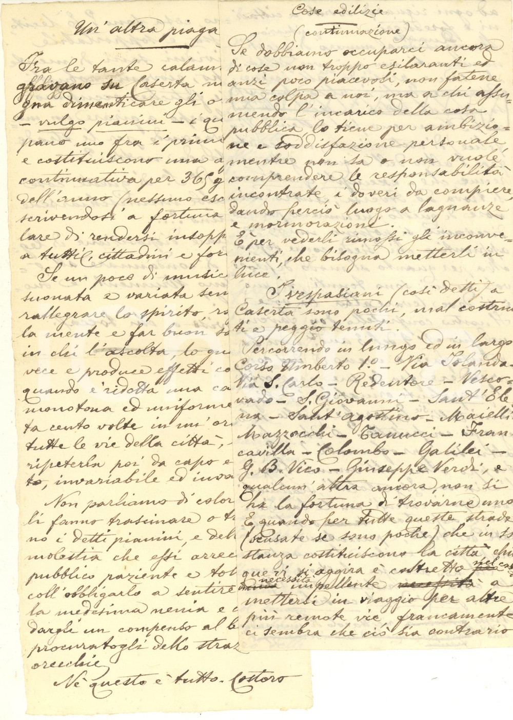 Manoscritto, lettera originale 1920 ca ANONIMO Piaghe di Caserta: organetti e vespasiani Manoscritto CURIOSO 1