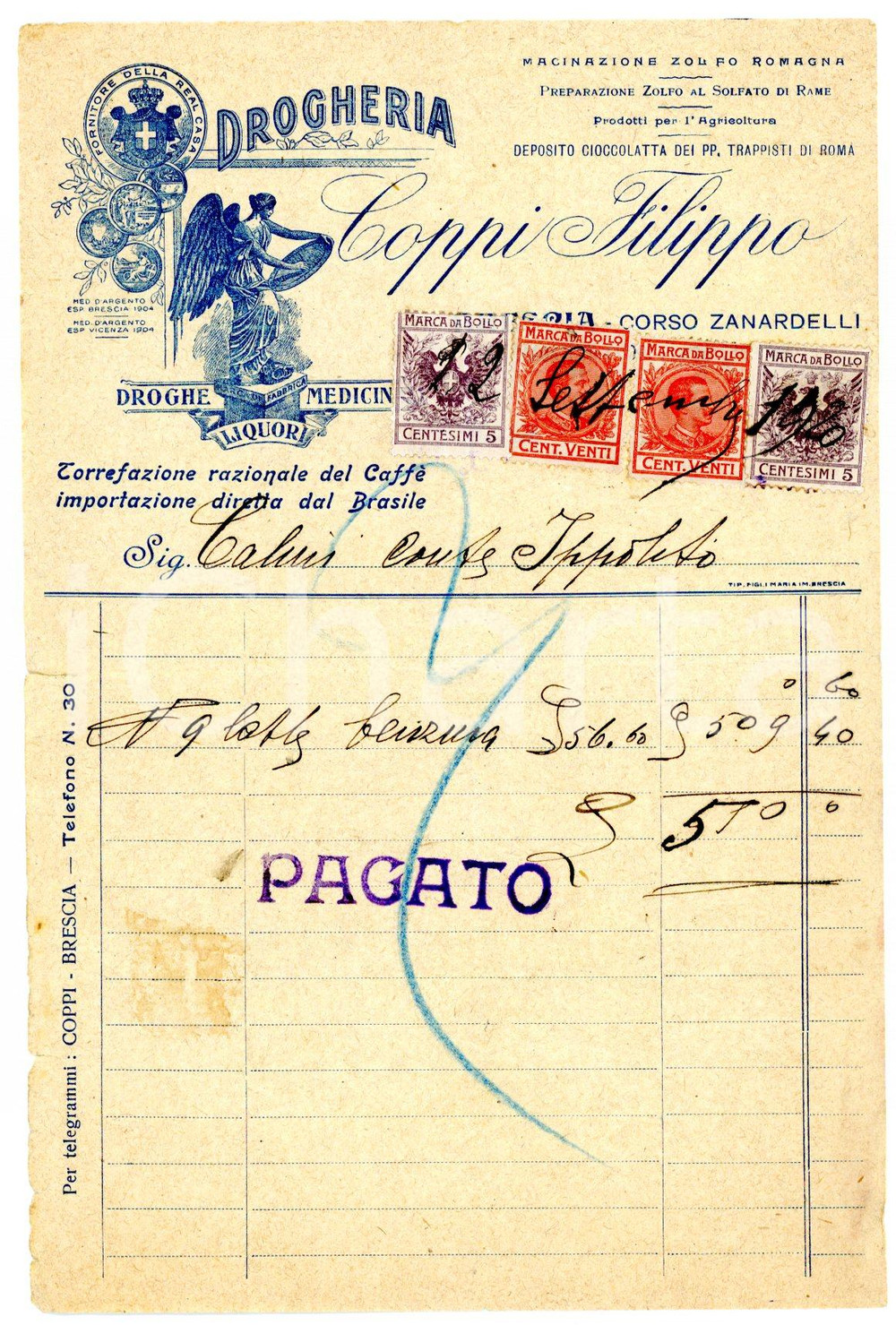 Documento originale, autentico 1920 BRESCIA Drogheria torrefazione Filippo COPPI Ricevuta 3 1