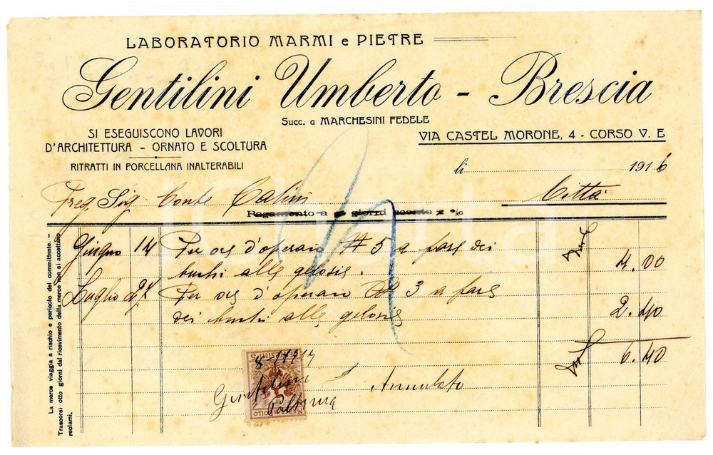 Documento originale, autentico 1916 BRESCIA Laboratorio marmi Umberto GENTILINI Ricevuta 1