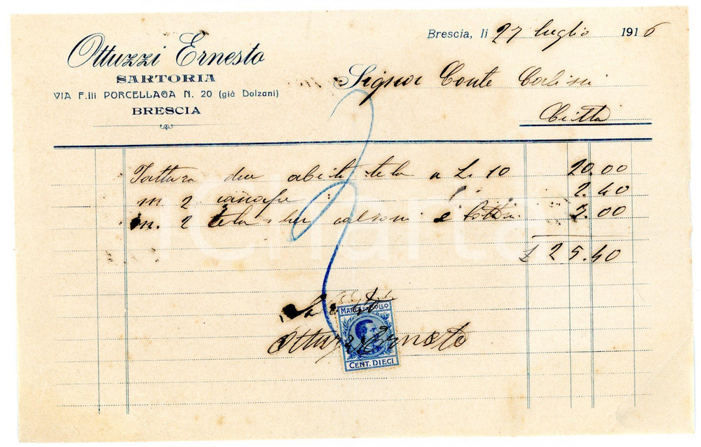 Documento originale, autentico 1916 BRESCIA Via F.lli Porcellaga 20 Sartoria Ernesto OTTUZZI Fattura per abiti 1