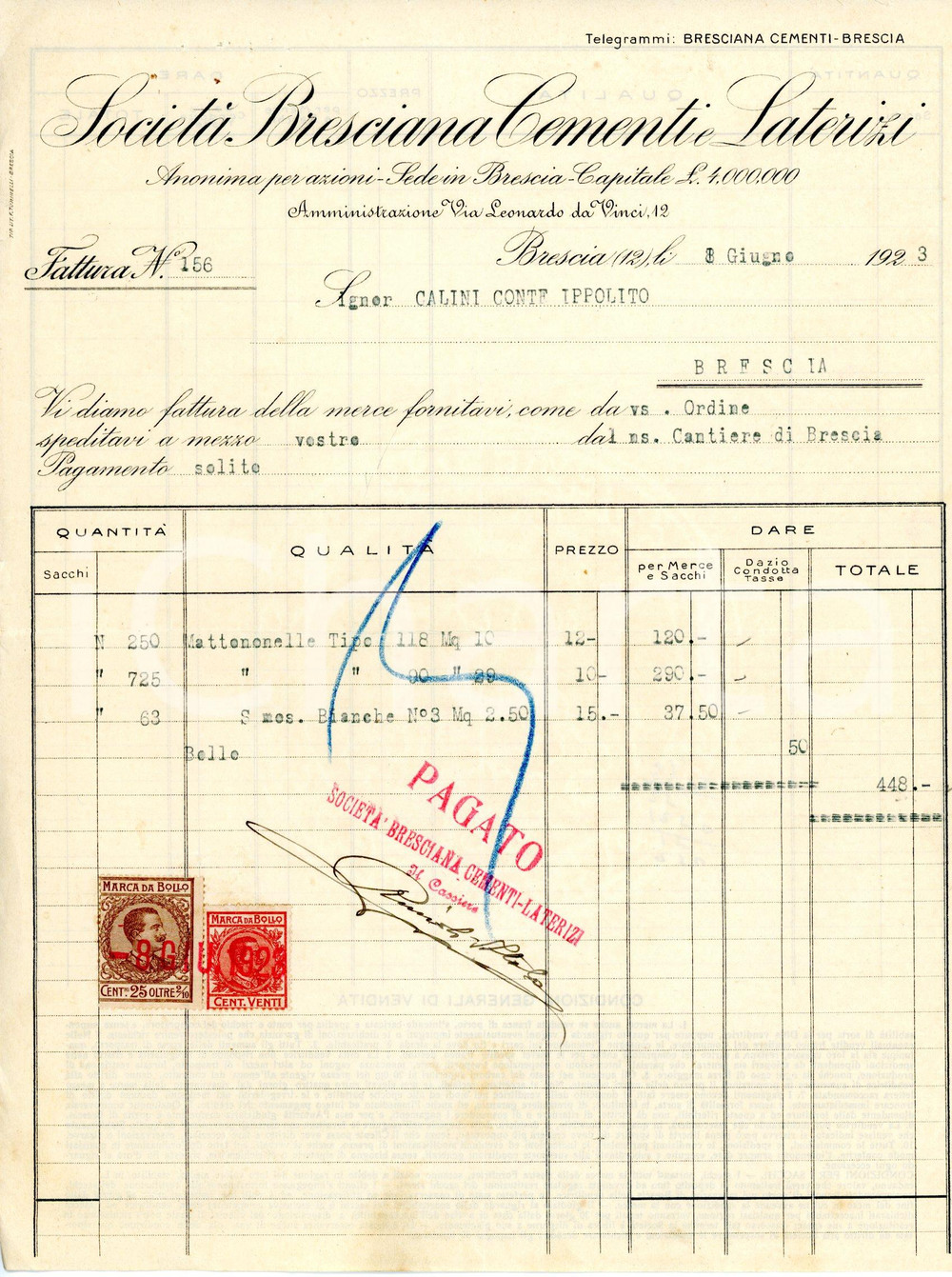 Documento originale, autentico 1923 BRESCIA Via Leonardo Da Vinci SOCIETÀ BRESCIANA CEMENTI E LATERIZI Fattura 1