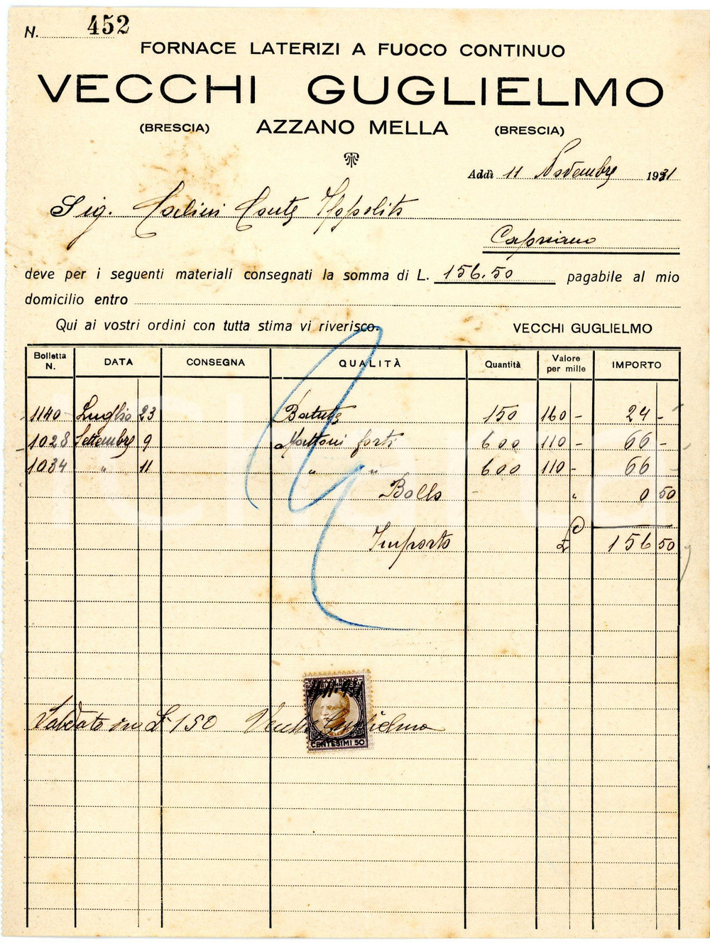 Documento originale, autentico 1931 AZZANO MELLA BS Fornace laterizi VECCHI GUGLIELMO Fattura per mattoni 1