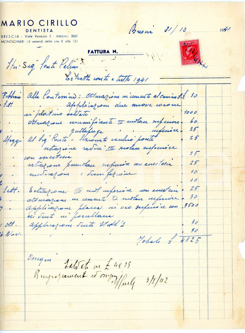 Documento originale, autentico 1941 BRESCIA Dentista MARIO CIRILLO Estratto conto per etrazioni e otturazioni 1