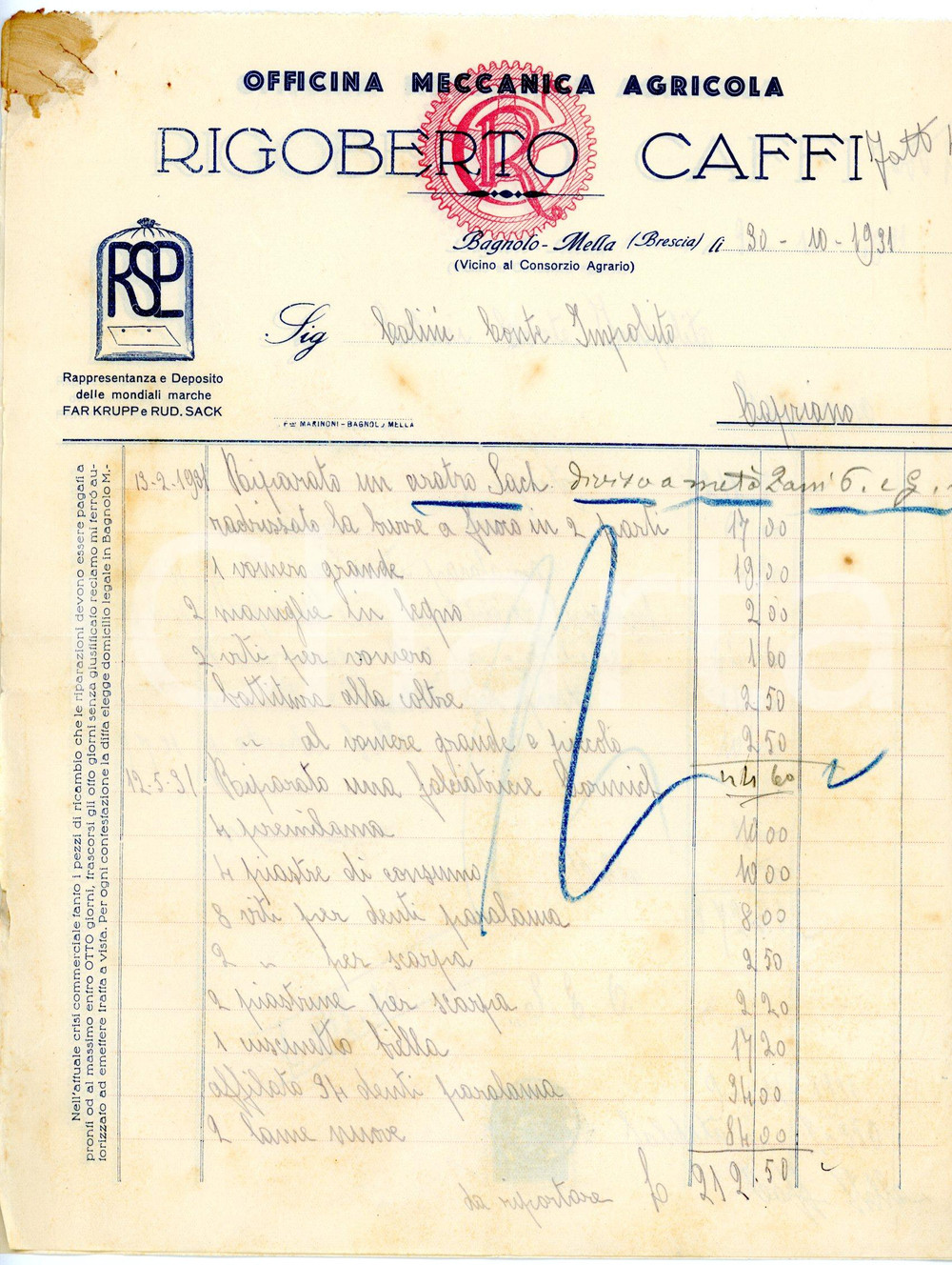 Documento originale, autentico 1931 BAGNOLO MELLA Officina Rigoberto CAFFI Fattura per riparazione 1