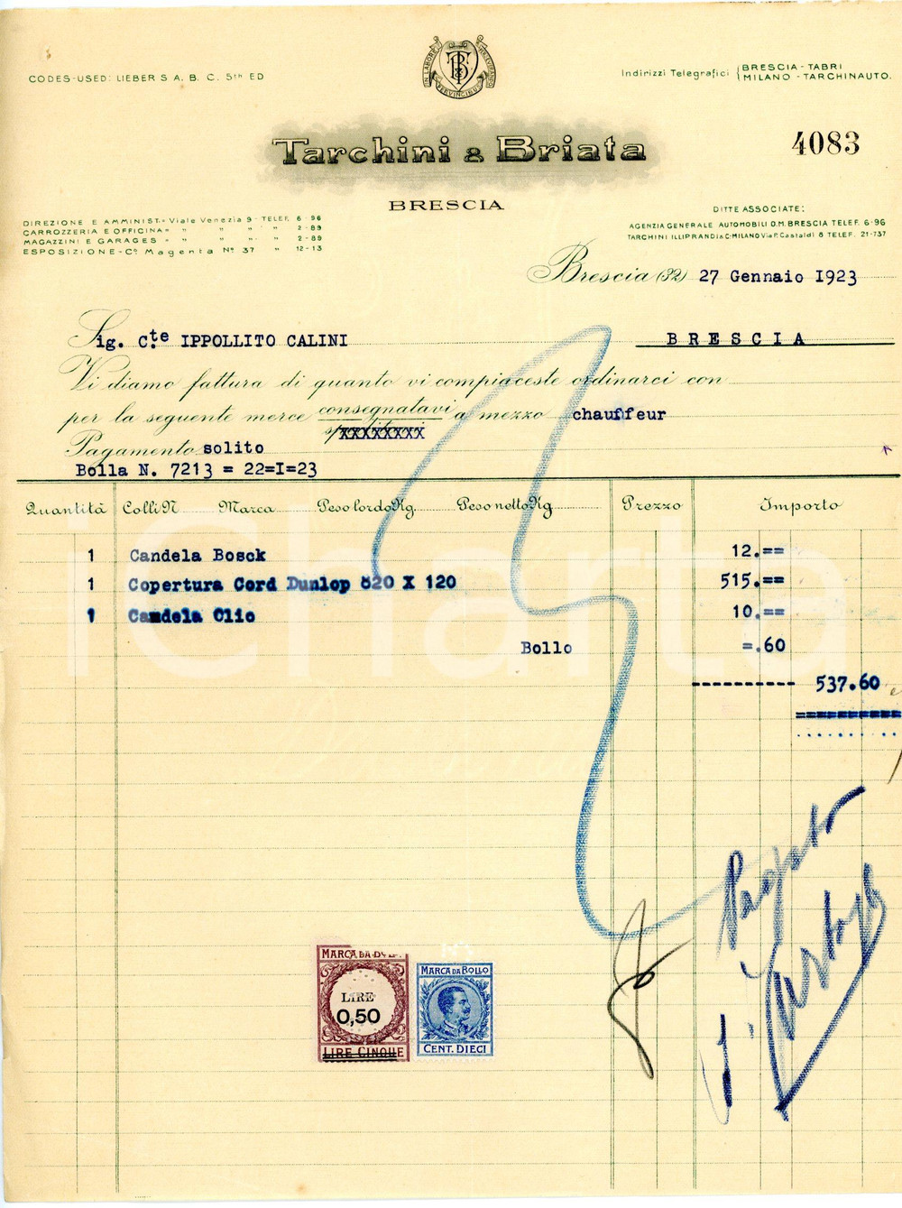 Documento originale, autentico 1923 BRESCIA Carrozzeria TARCHINI E BRIATA Fattura per candela BOSCH 1