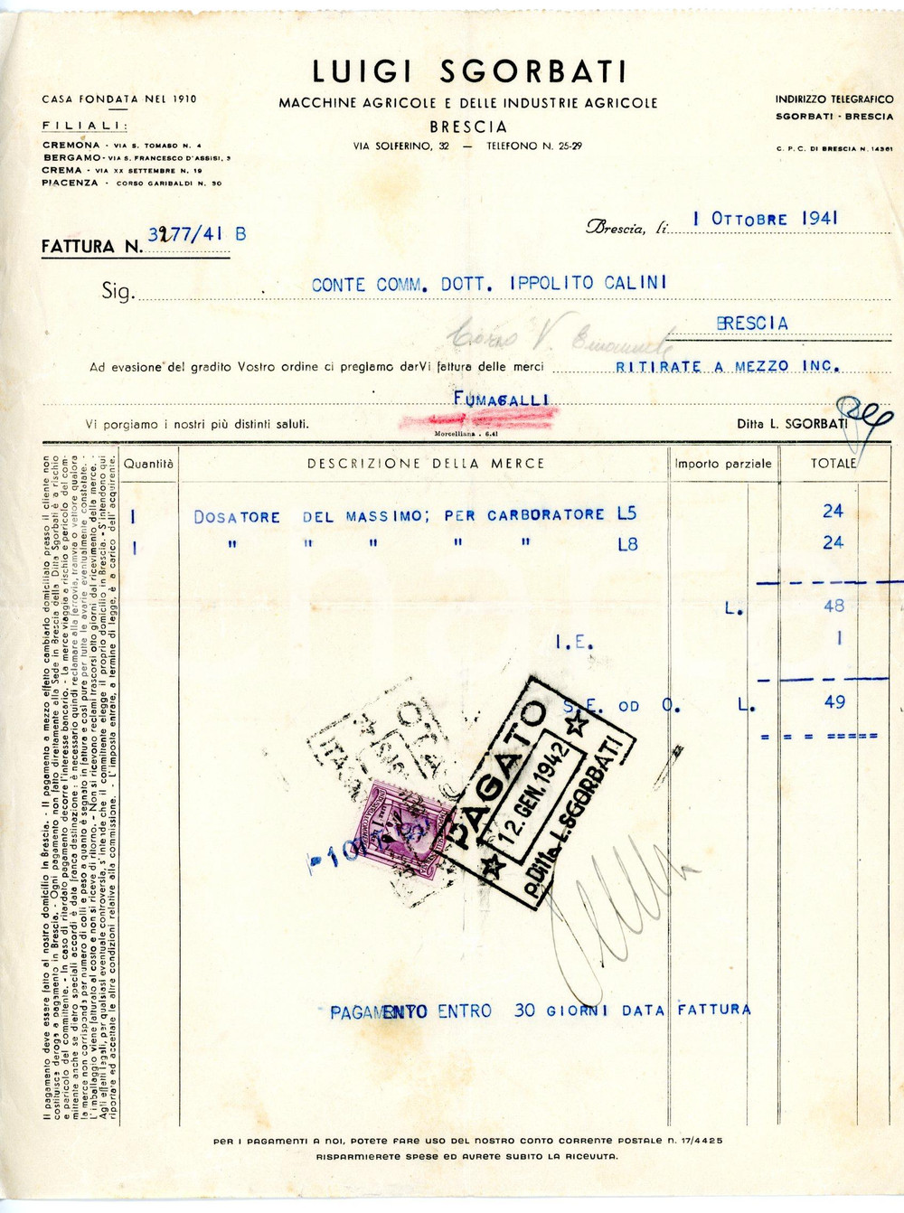 Documento originale, autentico 1941 BRESCIA Macchine agricole Luigi SGORBATI Fattura per dosatore carburatore 1