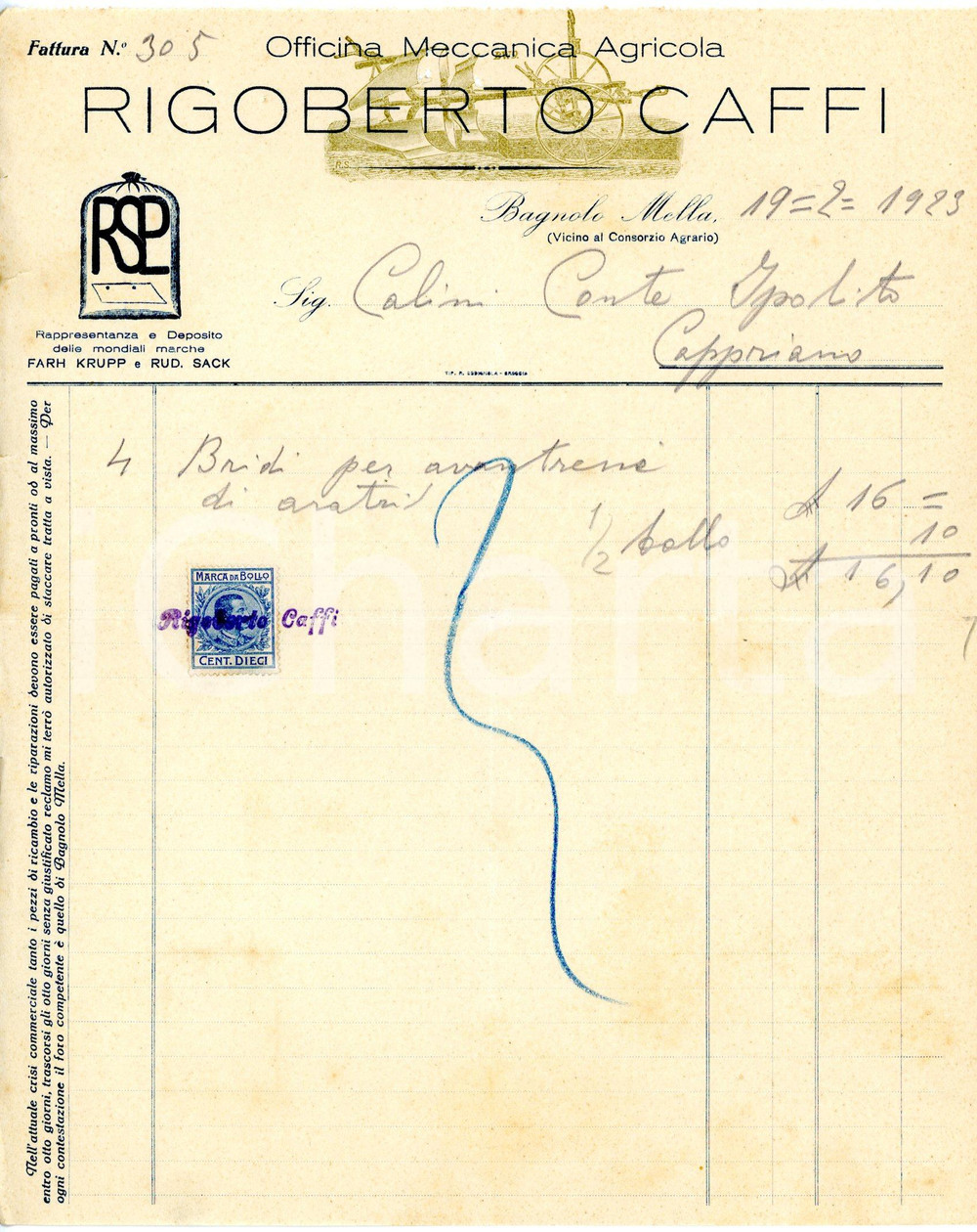 Documento originale, autentico 1923 BAGNOLO MELLA Officina Meccanica Rigoberto CAFFI Fattura 1