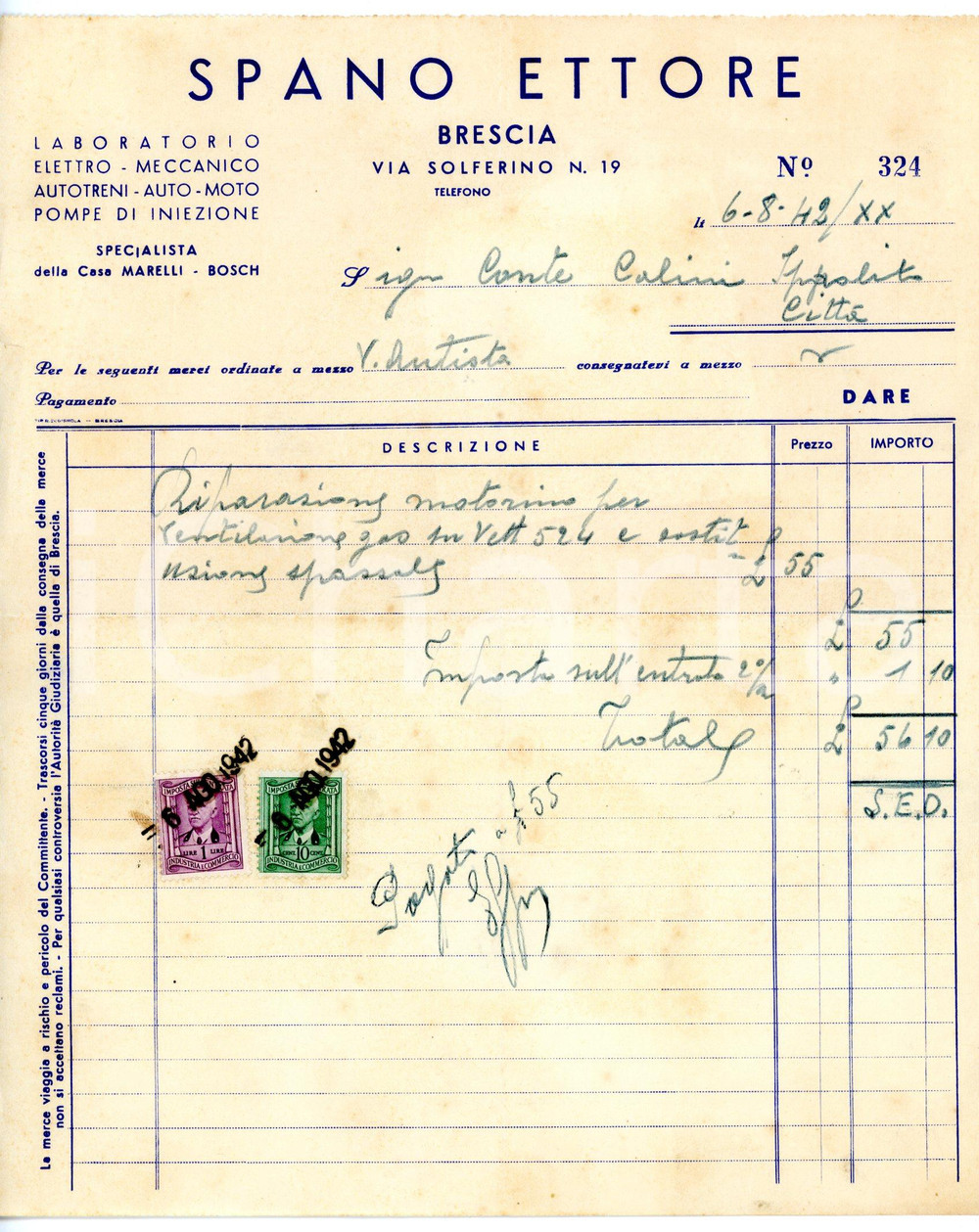 Documento originale, autentico 1942 BRESCIA Via Solferino 19 Laboratorio elettromeccanico Ettore SPANO Fattura 1