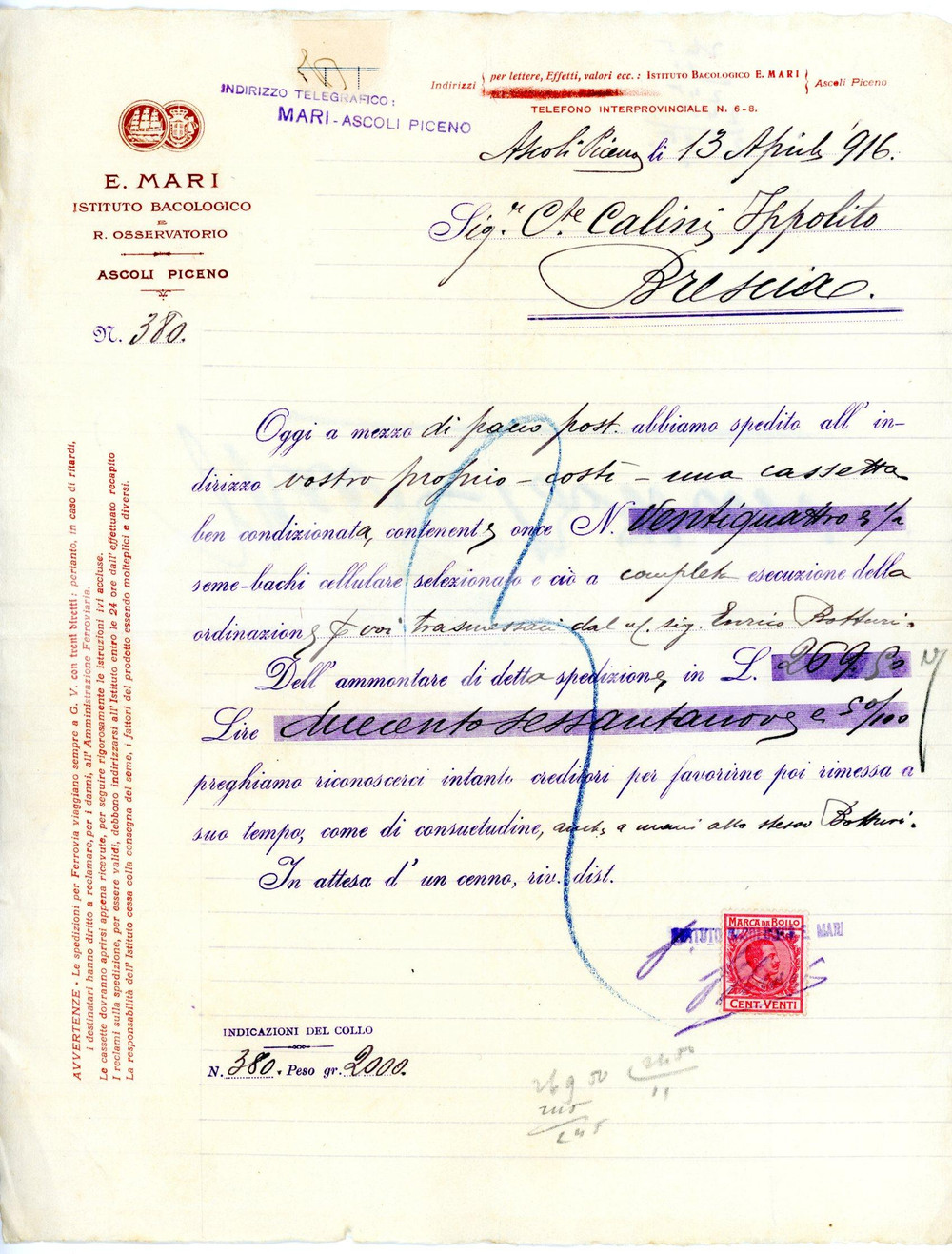 Documento originale, autentico 1916 ASCOLI PICENO Istituto Bacologico E. MARI Lettera spedizione semebachi 1