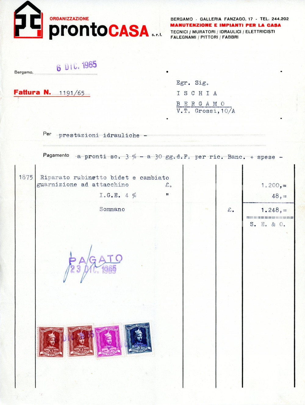 Documento originale, autentico 1965 BERGAMO Galleria Fanzago 17 Manutenzione e impianti PRONTOCASA Fattura 2 1