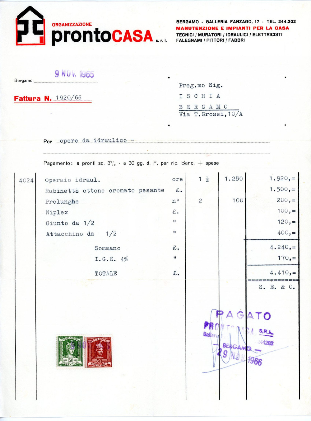 Documento originale, autentico BERGAMO Galleria Fanzago 17 Manutenzione e impianti PRONTOCASA Fattura 1