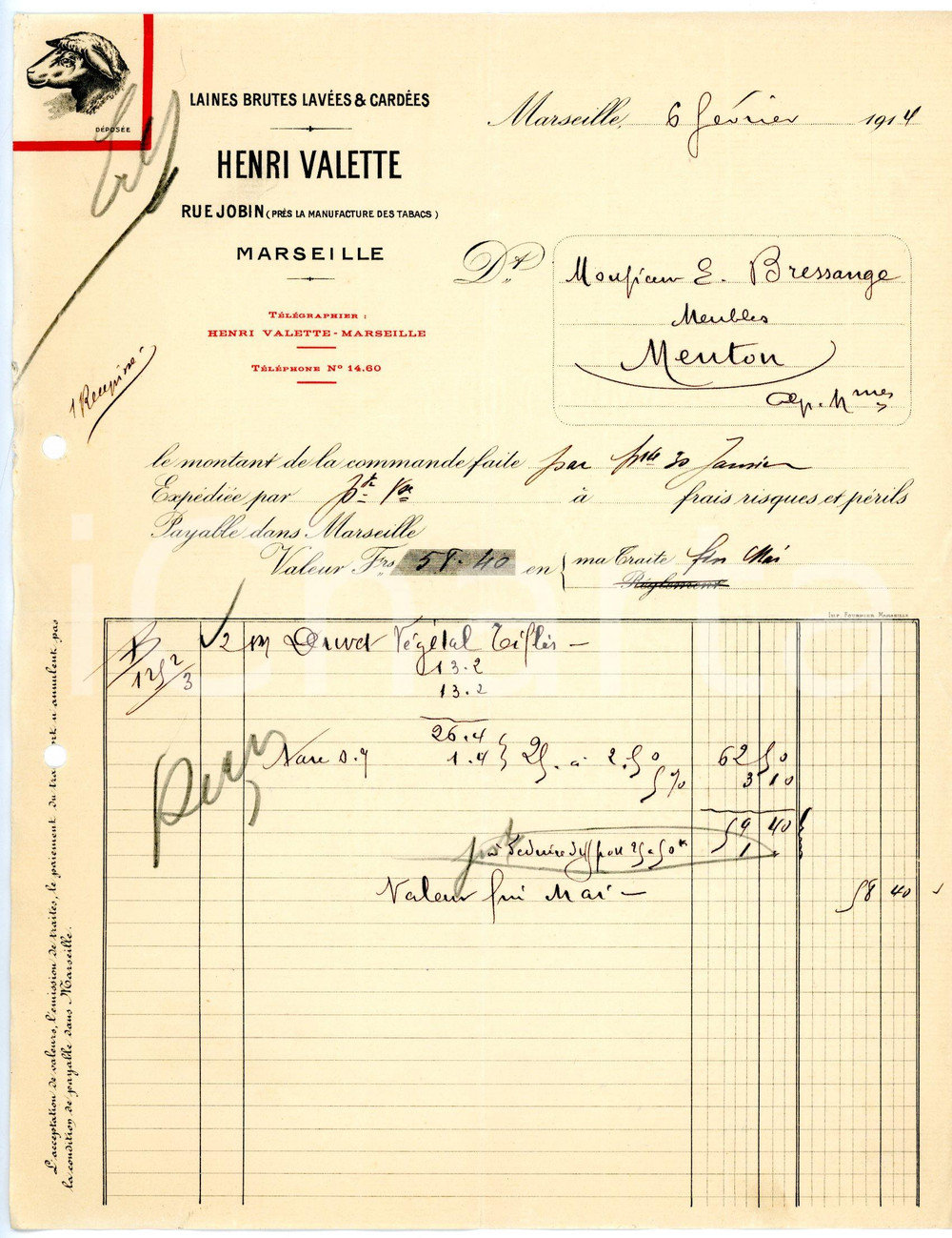 Documento originale, autentico 1913 MARSEILLE Rue Jobin  Henri VALETTE Laines brutes  Facture 5 1