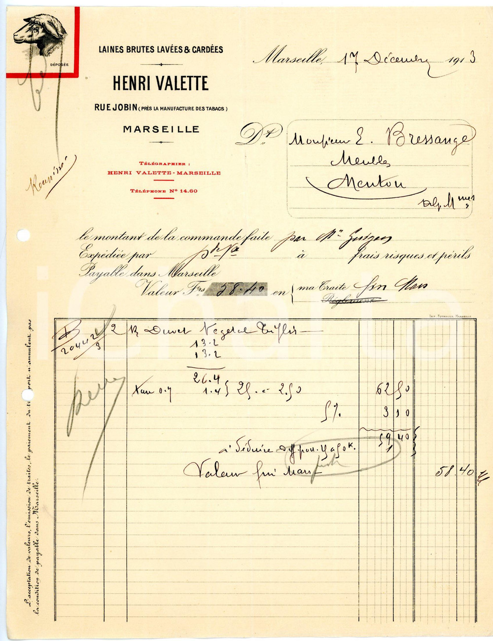 Documento originale, autentico 1913 MARSEILLE Rue Jobin  Henri VALETTE Laines brutes  Facture 4 1