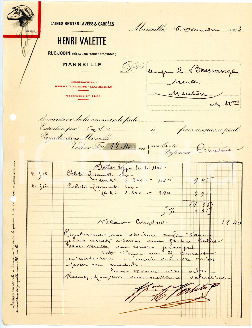 Documento originale, autentico 1913 MARSEILLE Rue Jobin  Henri VALETTE Laines brutes  Facture 3 1