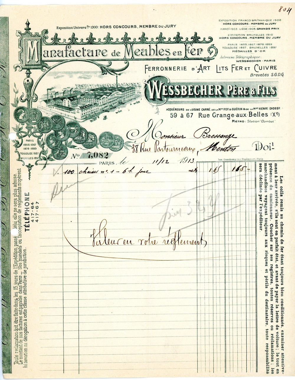 Documento originale, autentico 1913 PARIS Rue Grange aux Belles  Meubles en fer WESSBECHER Facture 2 1