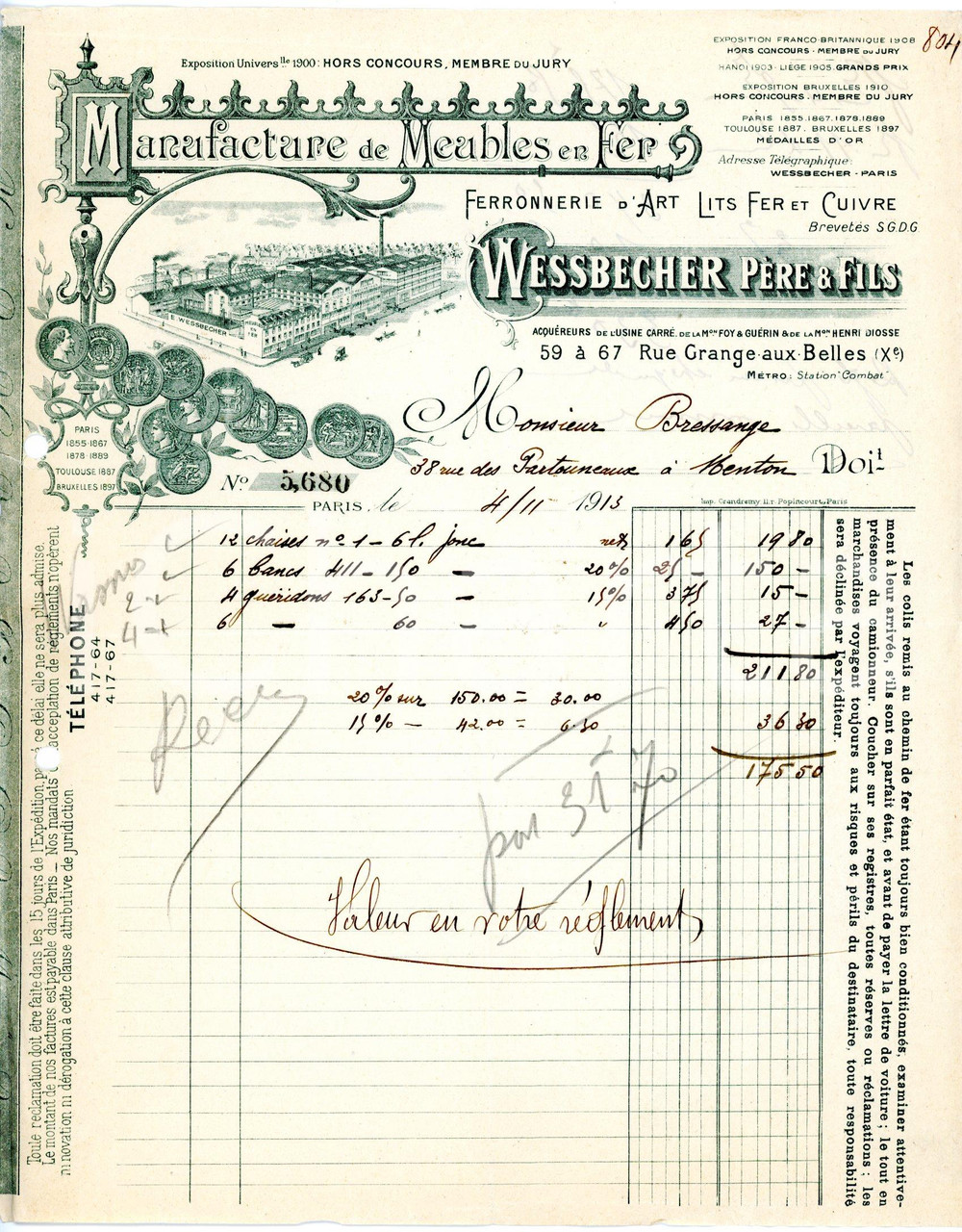 Documento originale, autentico 1913 PARIS Rue Grange aux Belles  Meubles en fer WESSBECHER Facture 1 1