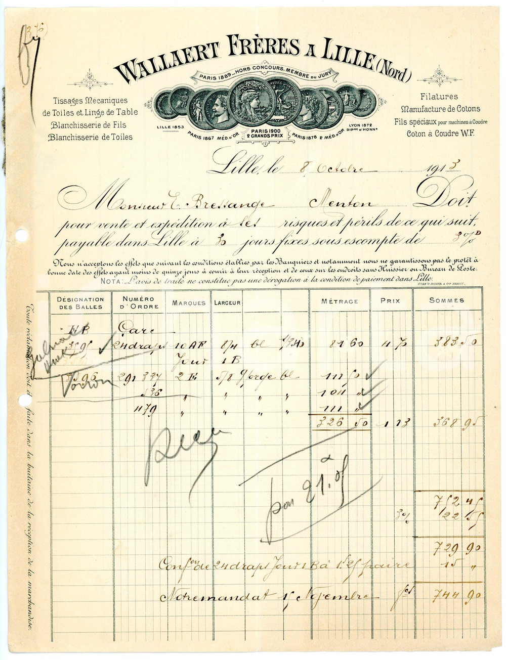 Documento originale, autentico 1913 LILLE FRANCE Filatures WALLAERT FRERES Facture 21x27 cm 1