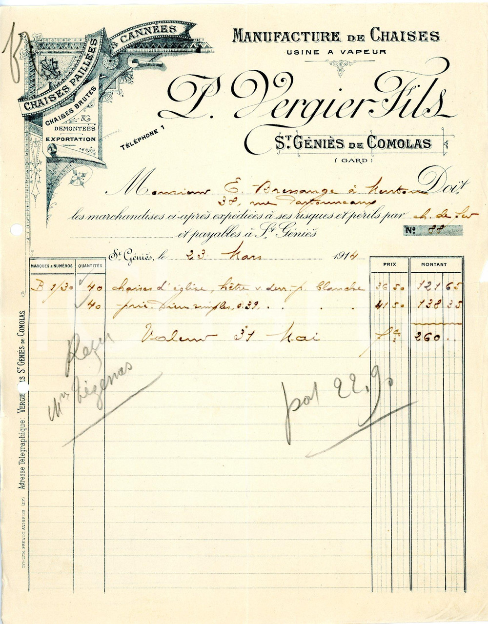 Documento originale, autentico 1914 ST. GENIES DE COMOLAS F Manufacture L. VERGIER FILS Lettre de vente 1