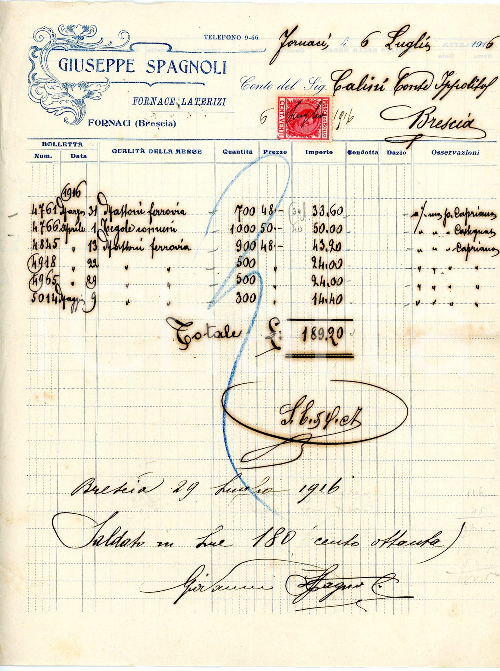 Documento originale, autentico 1916 FORNACI BS Fornace e laterizi Giuseppe SPAGNOLI Fattura per tegole 1