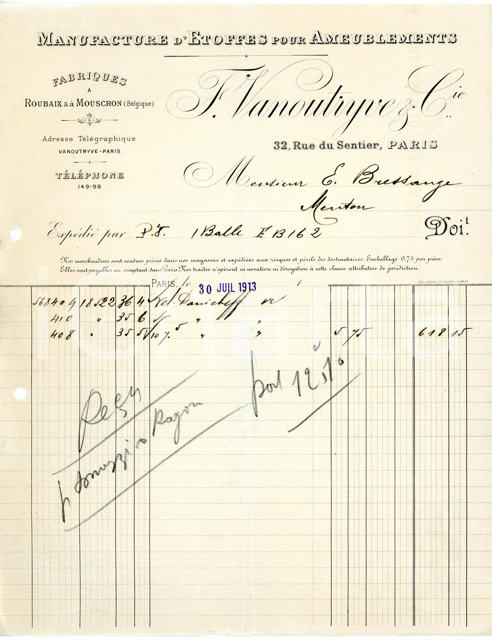 Documento originale, autentico 1913 PARIS 32 Rue du Sentier  Manifacture F. VANOUTRYVE Factures 6 1
