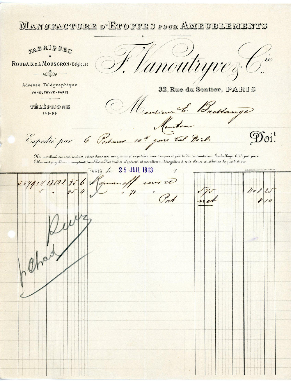 Documento originale, autentico 1913 PARIS 32 Rue du Sentier  Manifacture F. VANOUTRYVE Factures 5 1