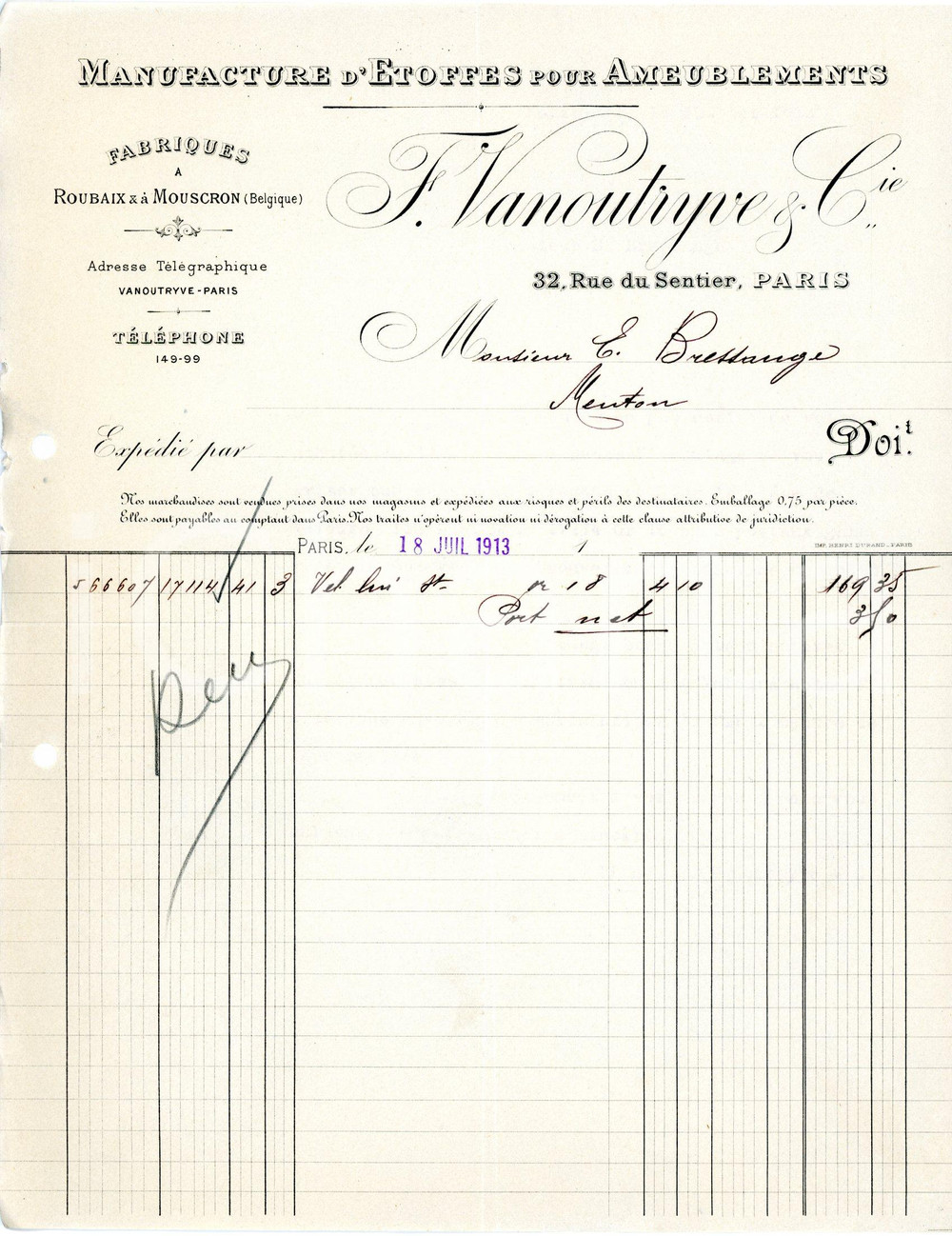 Documento originale, autentico 1913 PARIS 32 Rue du Sentier  Manifacture F. VANOUTRYVE Factures 4 1