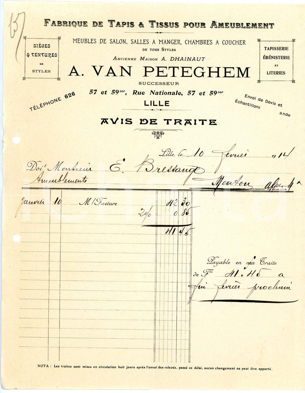 Documento originale, autentico 1913 LILLE Fabrique de tapis A. VAN PETEGHEM Avis de traite 1