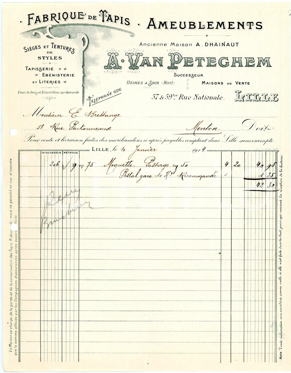 Documento originale, autentico 1913 LILLE Fabrique de tapis A. VAN PETEGHEM Lettre de vente 1