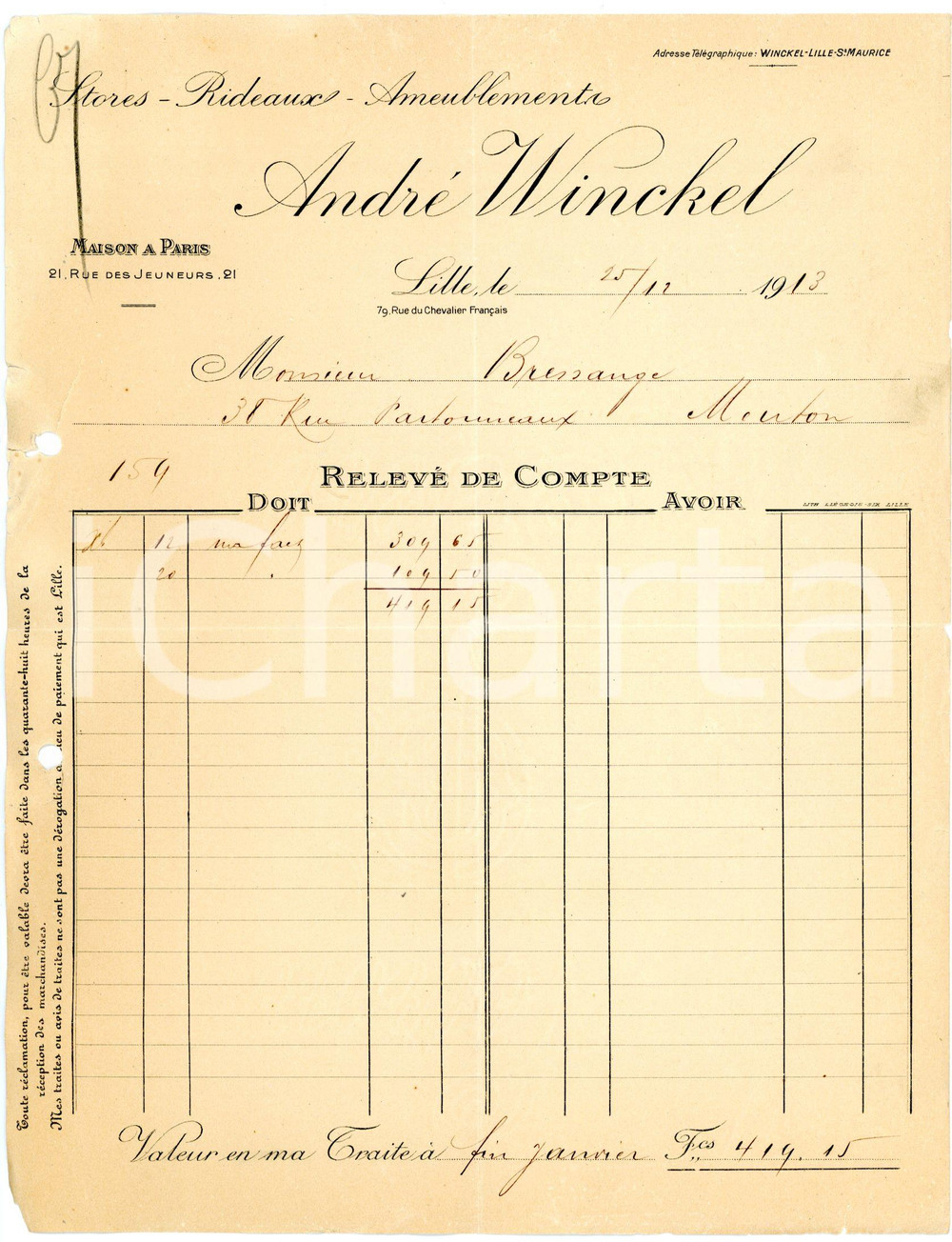 Documento originale, autentico 1913 LILLE  ANDRÈ WINKEL Stores, rideux, ameublements  Facture 3 1