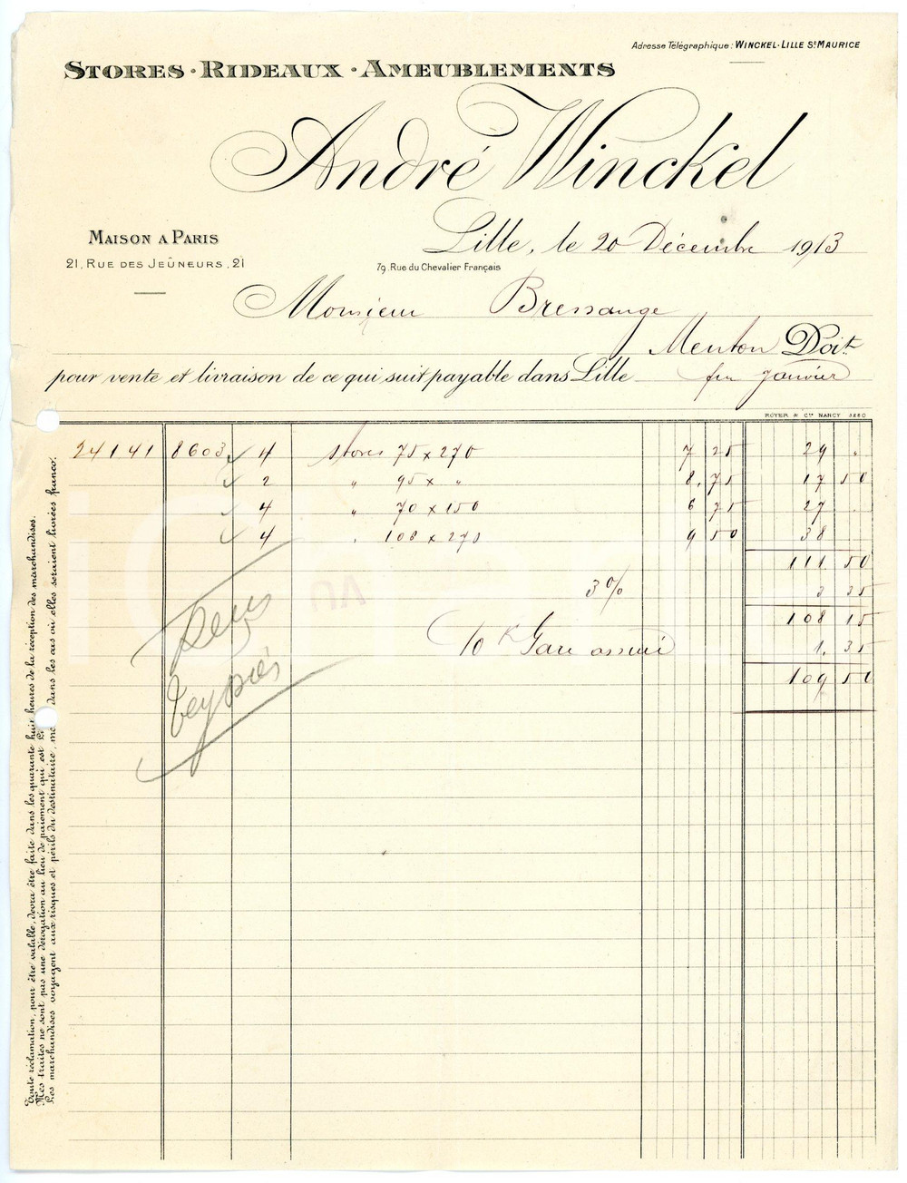 Documento originale, autentico 1913 LILLE  ANDRÈ WINKEL Stores, rideux, ameublements  Facture 4 1