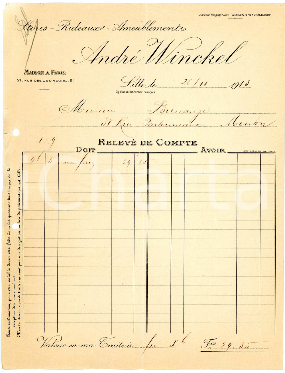 Documento originale, autentico 1913 LILLE  ANDRÈ WINKEL Stores, rideux, ameublements  Facture 2 1