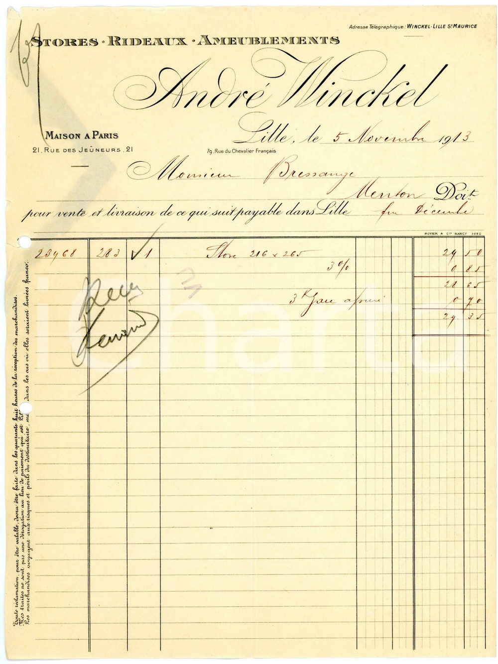 Documento originale, autentico 1913 LILLE  ANDRÈ WINKEL Stores, rideux, ameublements Facture 2 1
