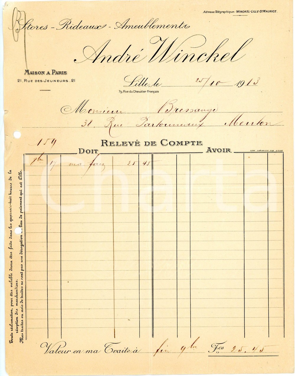 Documento originale, autentico 1913 LILLE  ANDRÈ WINKEL Stores, rideux, ameublements  Facture 1