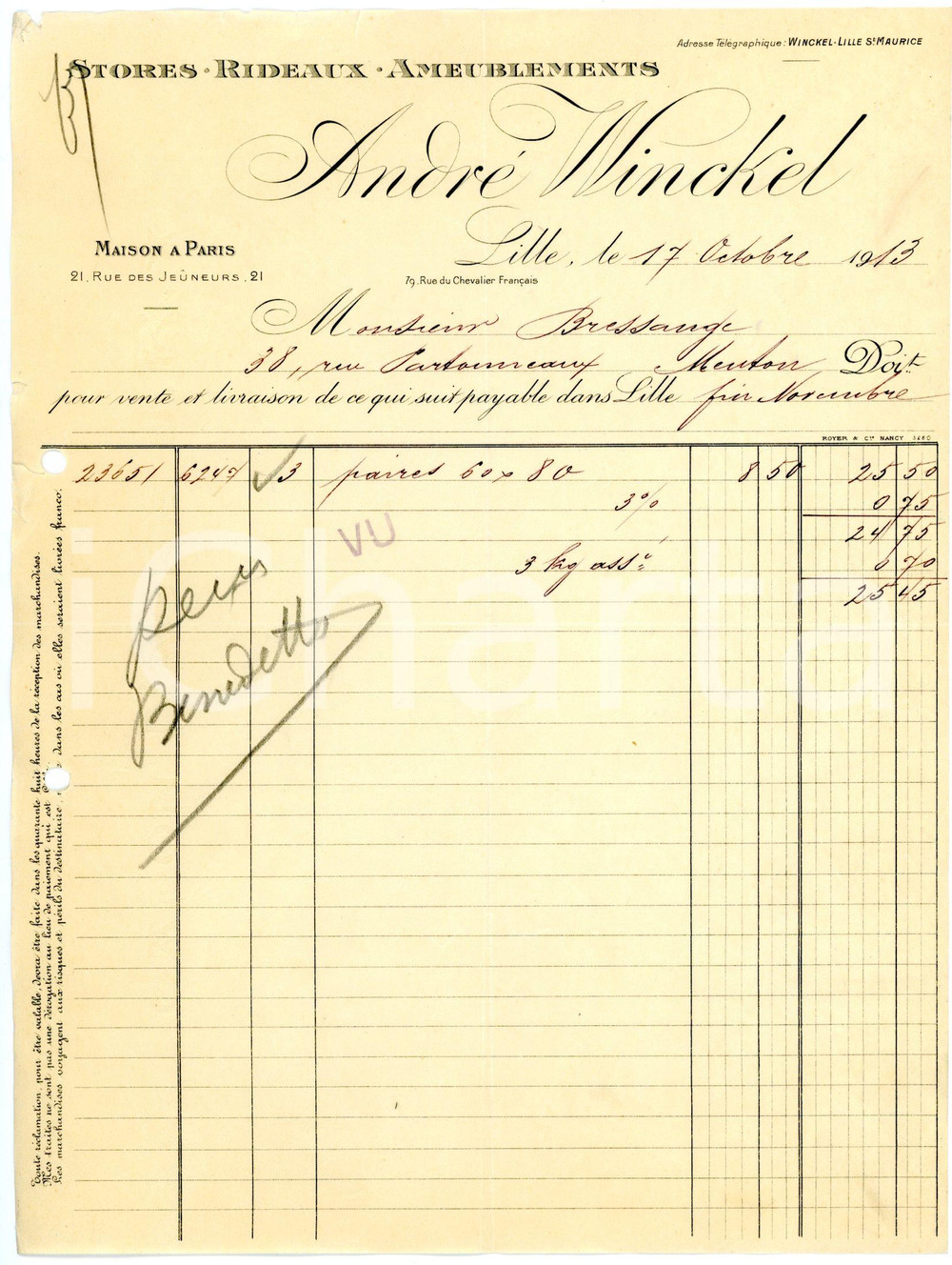 Documento originale, autentico 1913 LILLE  ANDRÈ WINKEL Stores, rideux, ameublements  Facture 9 1