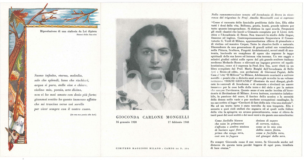 Documento originale, autentico 1948 MILANO Gioconda CARLONE MONGELLI Scrittrice  Pieghevole lutto 1