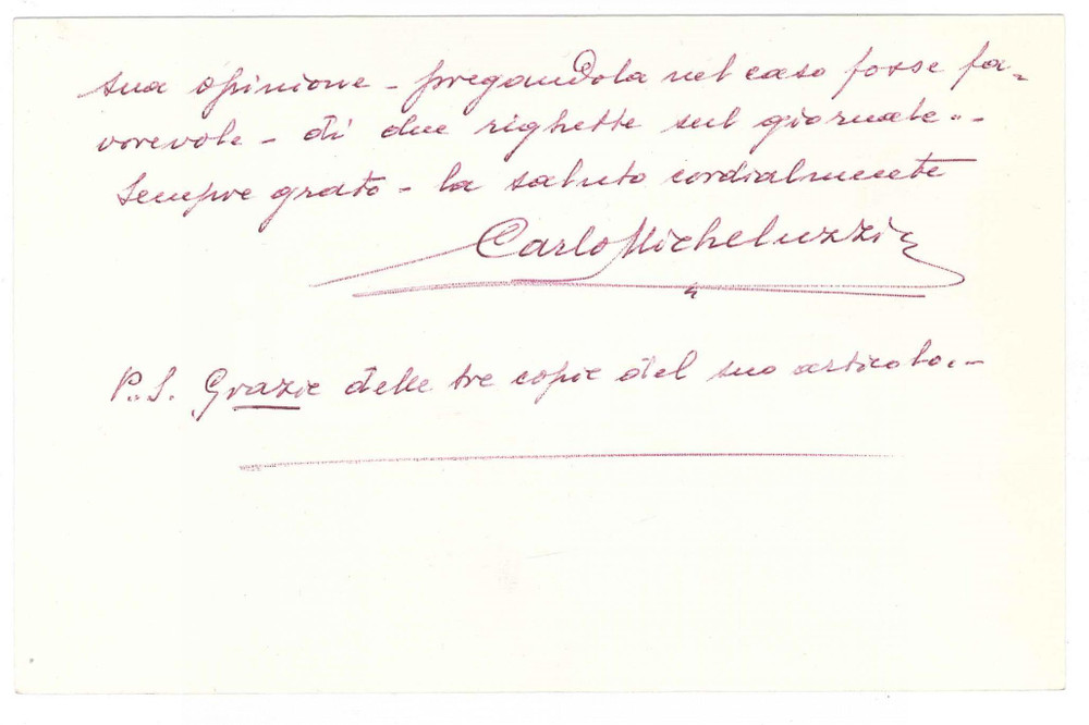 Autografo originale 1969 VENEZIA Lettera Carlo MICHELUZZI sul suo libro di memorie AUTOGRAFO 1