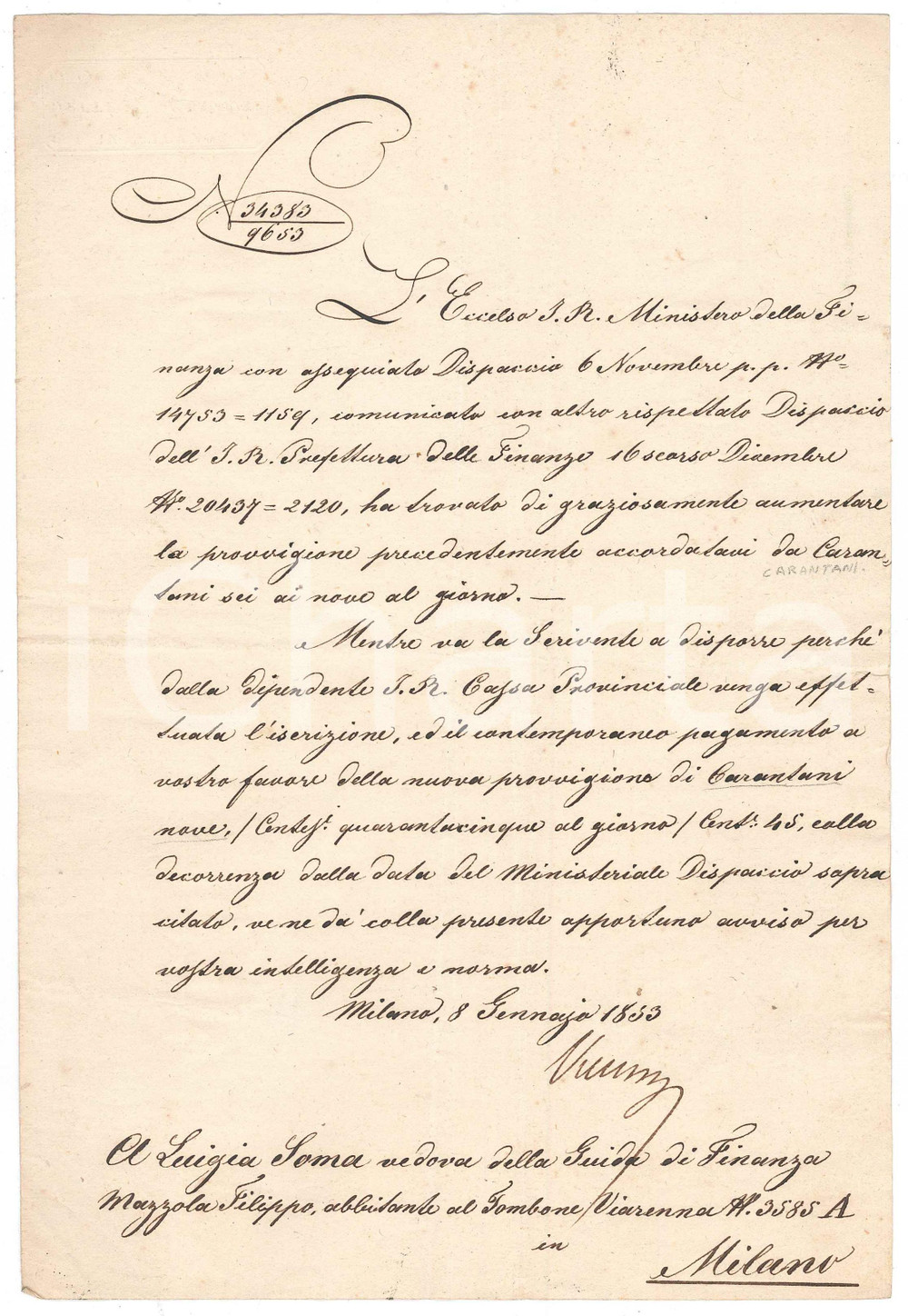 Documento originale, autentico 1833 MILANO Aumento di provvigione a Luigia SOMA vedova di finanziere 1