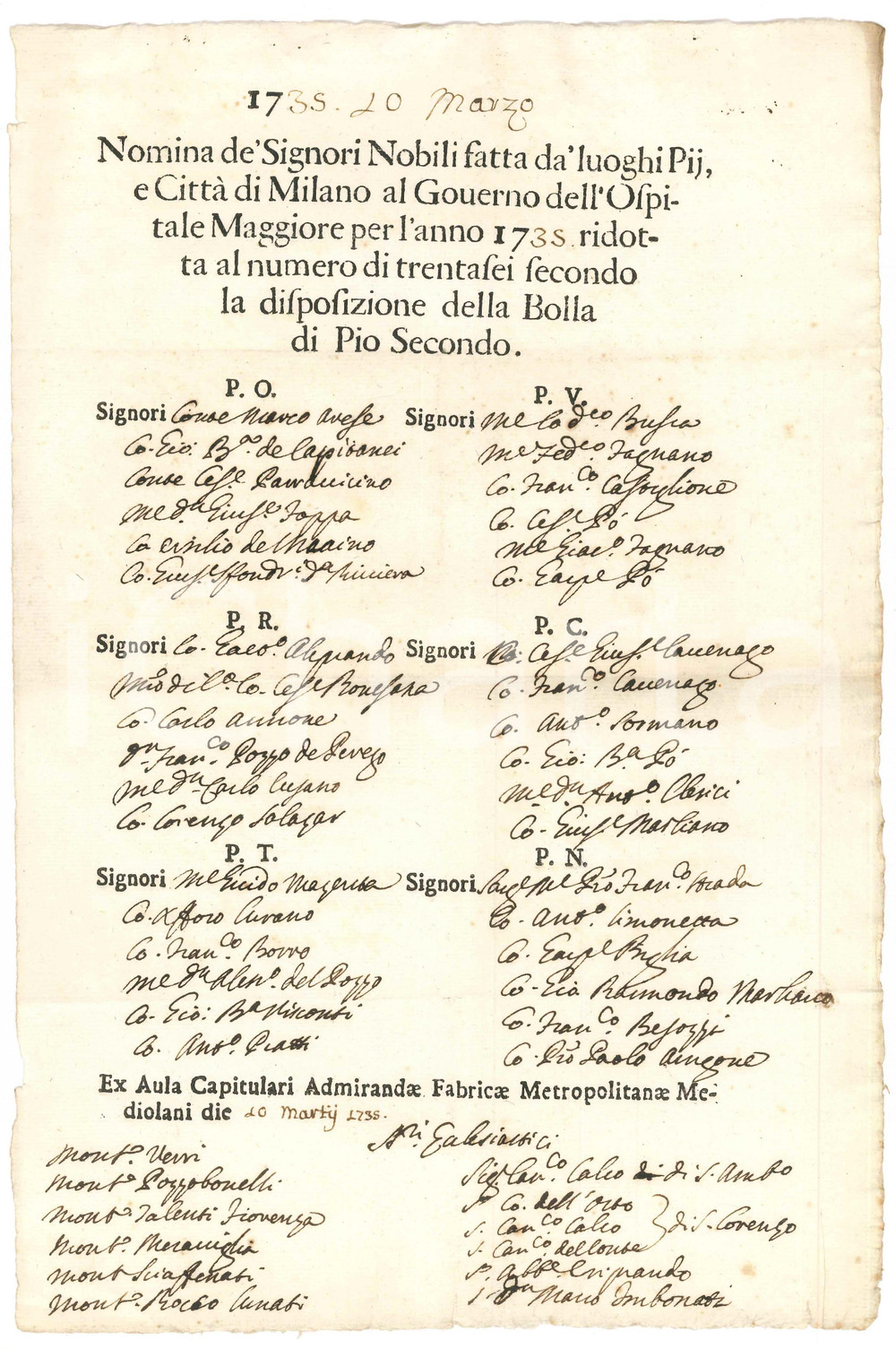 Documento originale, autentico 1735 MILANO Nomina Signori Nobili al Governo dell Ospedale Maggiore Documento 1