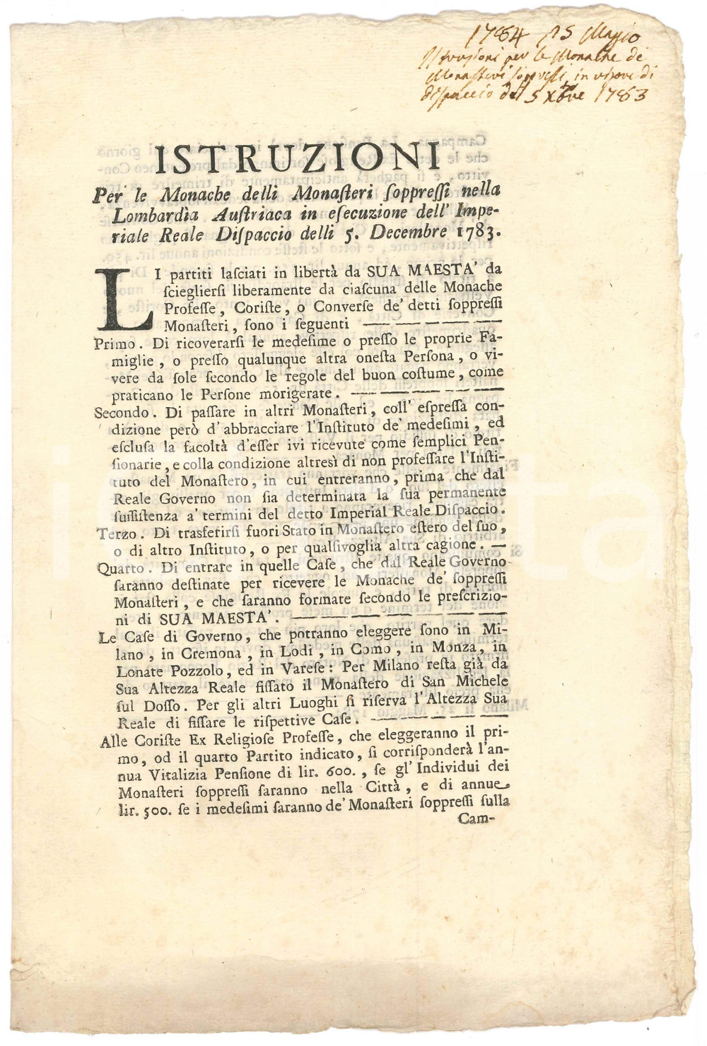 Documento originale, autentico 1784 MILANO Istruzioni per monache monasteri soppressi  LOMBARDIA AUSTRIACA 1